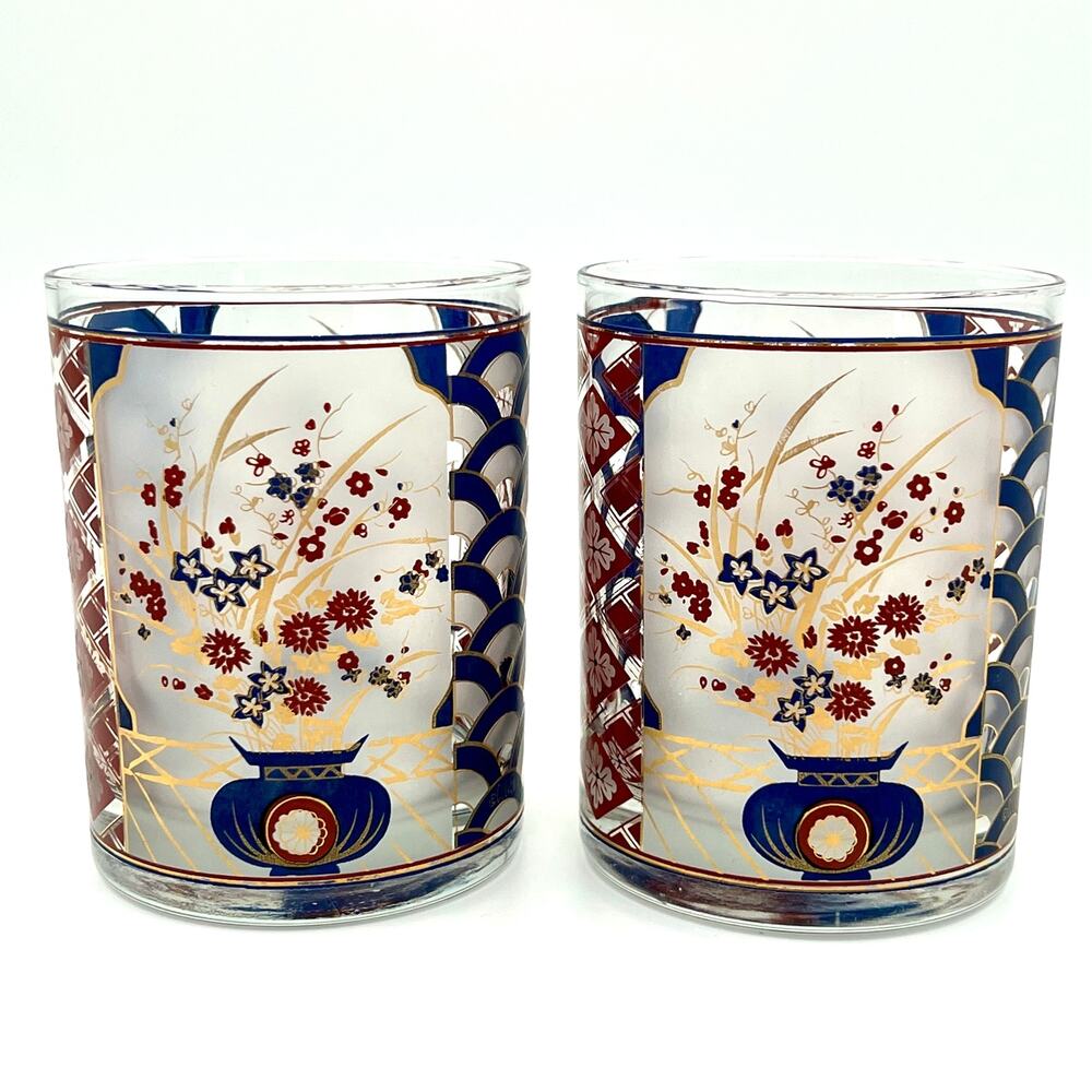 Vintage Culver Imari Double Old Fashioned Glasses 22K Gold Chinoiserie MCM Set 2
